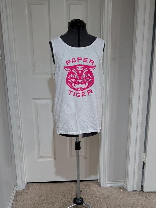 White Tank Top with Pink 'Paper Tiger' Logo Men's Large