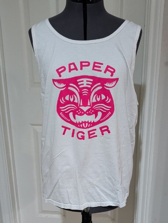 White Tank Top with Pink 'Paper Tiger' Logo Men's Large