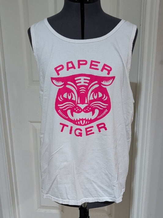 White Tank Top with Pink 'Paper Tiger' Logo Men's Large