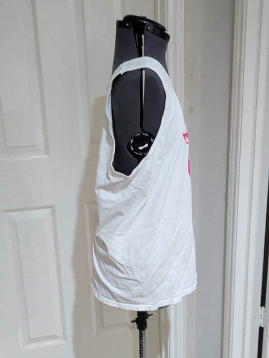 White Tank Top with Pink 'Paper Tiger' Logo Men's Large