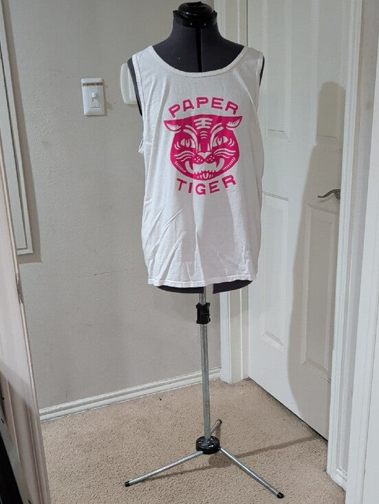 White Tank Top with Pink 'Paper Tiger' Logo Men's Large