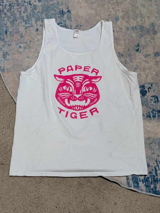 White Tank Top with Pink 'Paper Tiger' Logo Men's Large