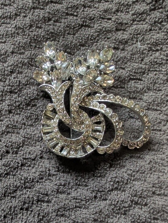 Vintage Crystal Art Deco Silver-Tone Brooch - MCM Costume Jewelry