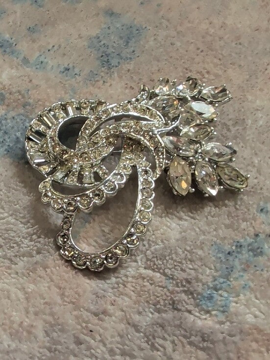 Vintage Crystal Art Deco Silver-Tone Brooch - MCM Costume Jewelry