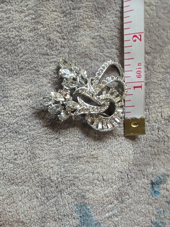 Vintage Crystal Art Deco Silver-Tone Brooch - MCM Costume Jewelry
