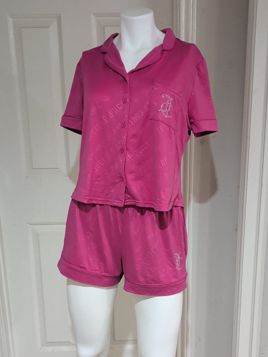 Y2K Retro Juicy Couture Fuchsia Pink Two-Piece Short Pajama Set Women's Medium VTG