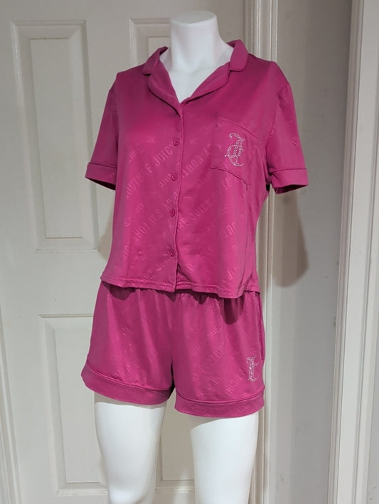 Y2K Retro Juicy Couture Fuchsia Pink Two-Piece Short Pajama Set Women's Medium VTG