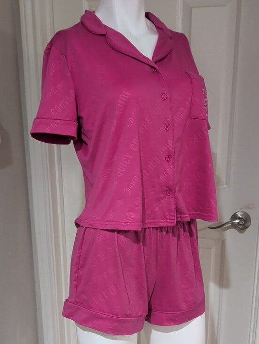 Y2K Retro Juicy Couture Fuchsia Pink Two-Piece Short Pajama Set Women's Medium VTG
