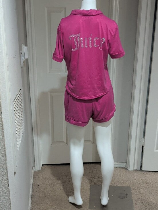 Y2K Retro Juicy Couture Fuchsia Pink Two-Piece Short Pajama Set Women's Medium VTG