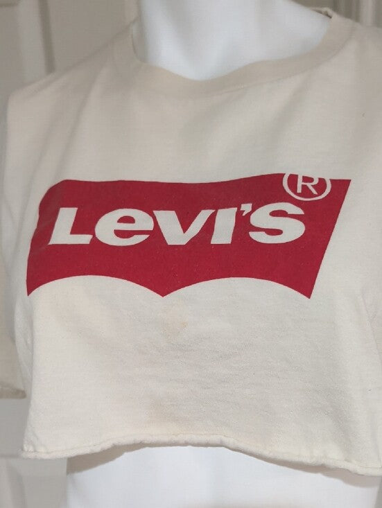 Vintage Levi's Crop Logo Tee in Cream with Red Print Women's Large Retro Tees