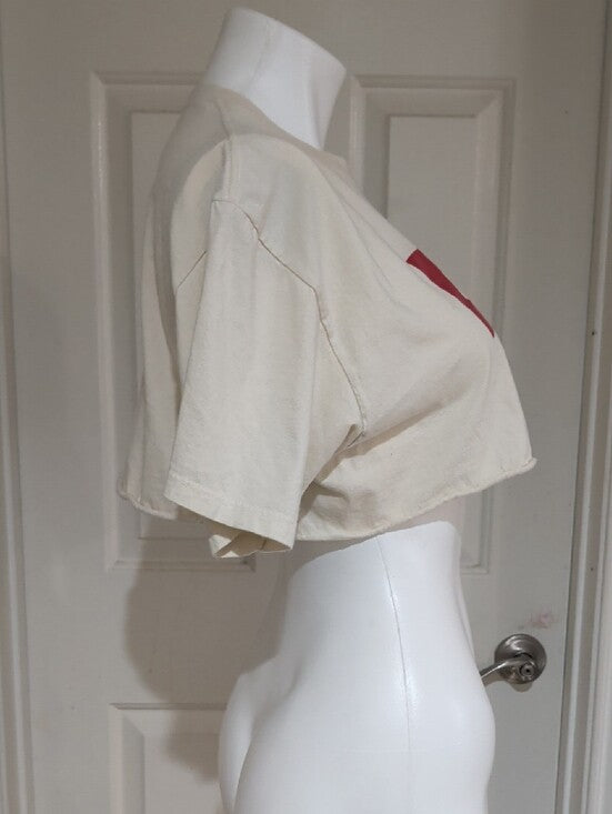 Vintage Levi's Crop Logo Tee in Cream with Red Print Women's Large Retro Tees