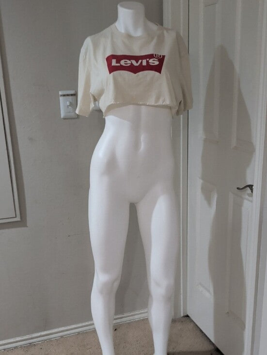 Vintage Levi's Crop Logo Tee in Cream with Red Print Women's Large Retro Tees