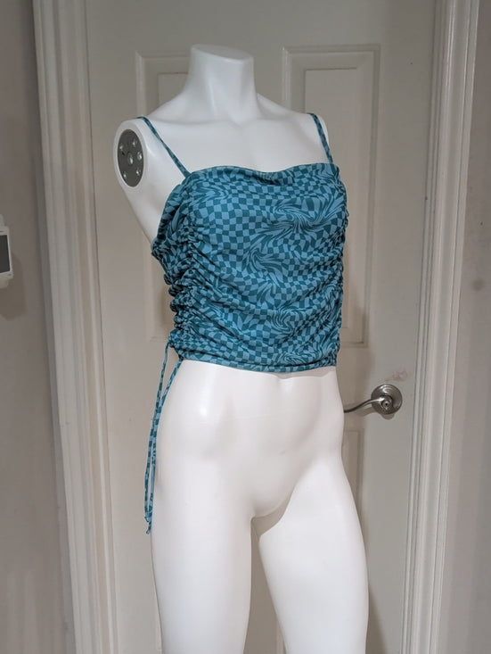 Retro SO Teal Lightweight Checkered Swirl Ruched Cami Women's XL Y2K