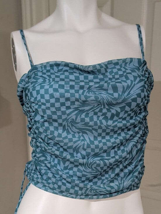 Retro SO Teal Lightweight Checkered Swirl Ruched Cami Women's XL Y2K