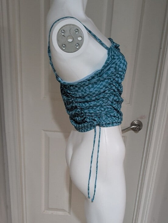 Retro SO Teal Lightweight Checkered Swirl Ruched Cami Women's XL Y2K