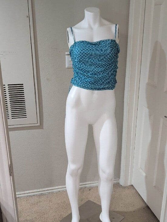Retro SO Teal Lightweight Checkered Swirl Ruched Cami Women's XL Y2K