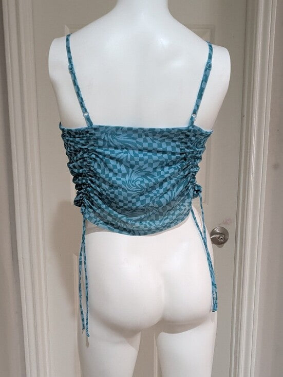 Retro SO Teal Lightweight Checkered Swirl Ruched Cami Women's XL Y2K