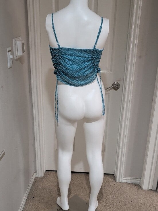 Retro SO Teal Lightweight Checkered Swirl Ruched Cami Women's XL Y2K