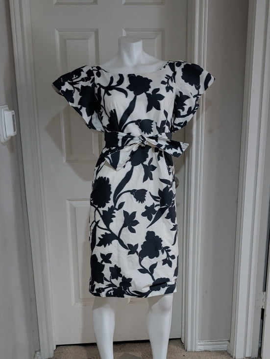 Milly Tailored Blue and White Floral Belted Midi Dress Cotton Women's 8/M New