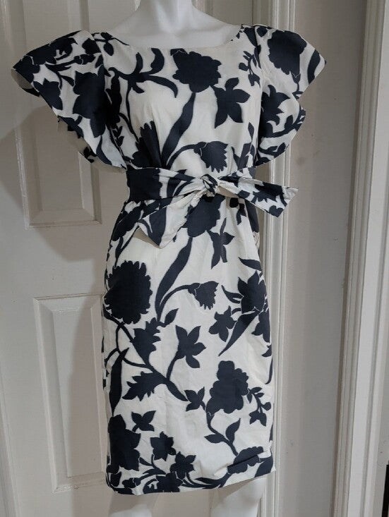 Milly Tailored Blue and White Floral Belted Midi Dress Cotton Women's 8/M New