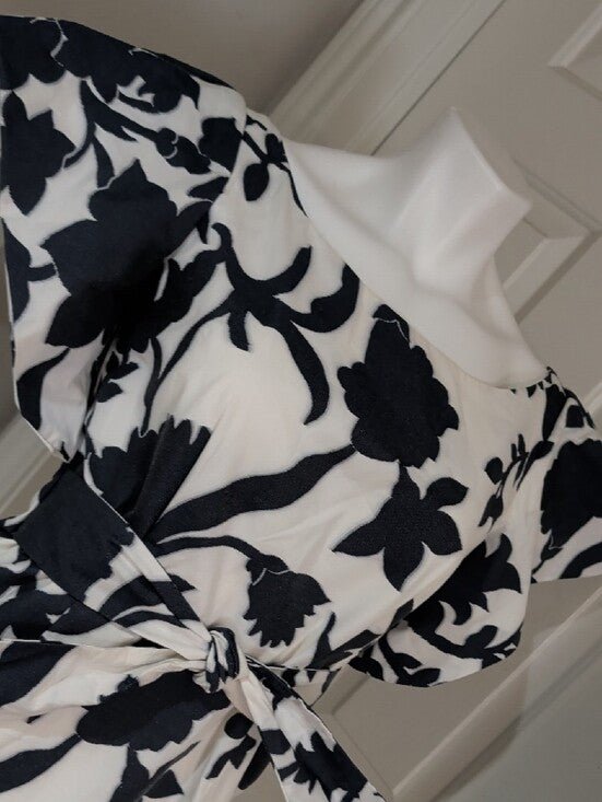 Milly Tailored Blue and White Floral Belted Midi Dress Cotton Women's 8/M New