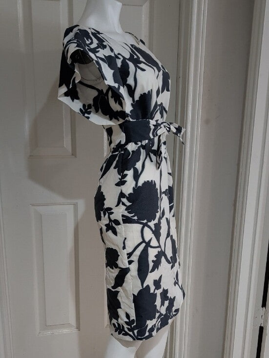 Milly Tailored Blue and White Floral Belted Midi Dress Cotton Women's 8/M New