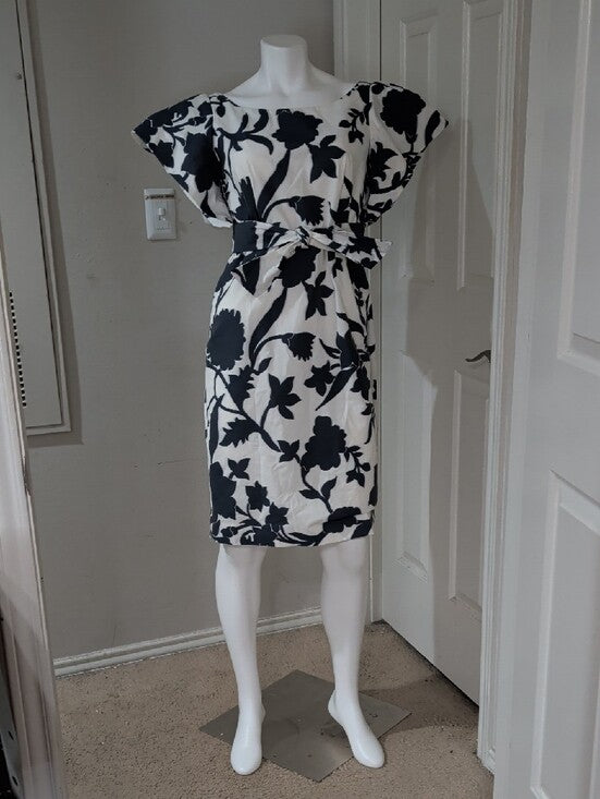 Milly Tailored Blue and White Floral Belted Midi Dress Cotton Women's 8/M New