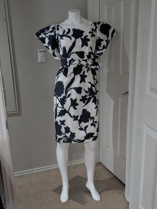 Milly Tailored Blue and White Floral Belted Midi Dress Cotton Women's 8/M New