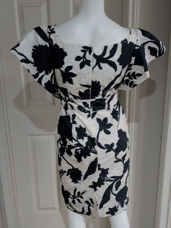 Milly Tailored Blue and White Floral Belted Midi Dress Cotton Women's 8/M New