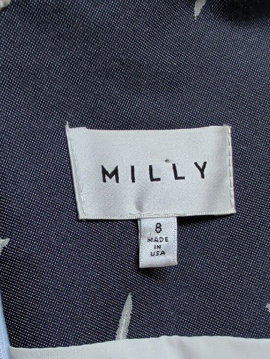 Milly Tailored Blue and White Floral Belted Midi Dress Cotton Women's 8/M New