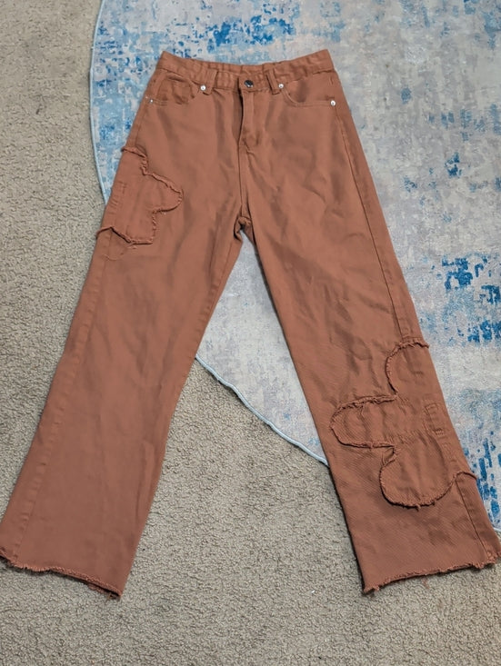 Brown/Orange Bootcut Distressed Hem Jeans- Classic Fit Floral Cut-Out Women's S