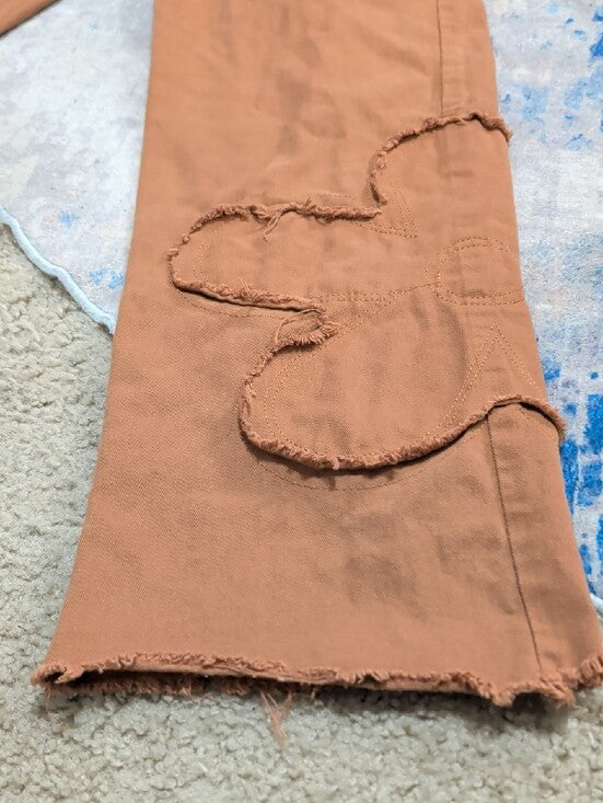 Brown/Orange Bootcut Distressed Hem Jeans- Classic Fit Floral Cut-Out Women's S