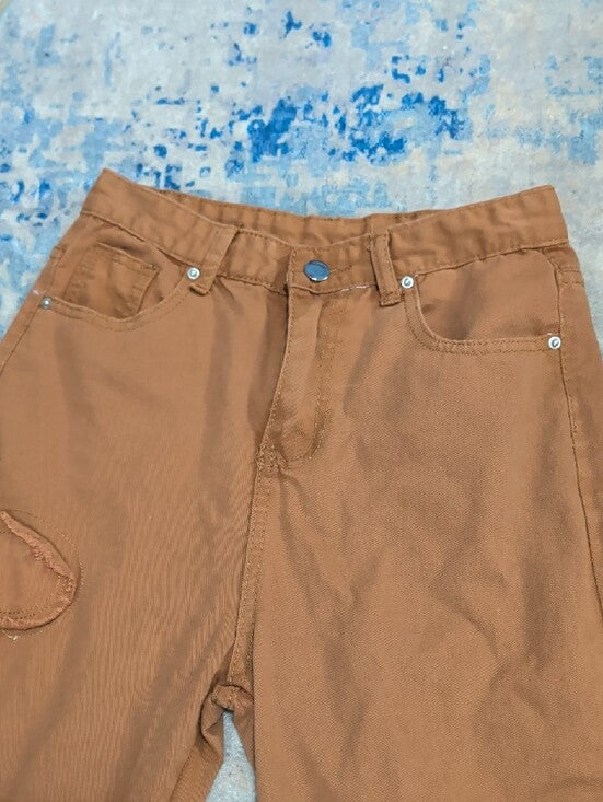 Brown/Orange Bootcut Distressed Hem Jeans- Classic Fit Floral Cut-Out Women's S