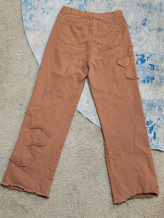 Brown/Orange Bootcut Distressed Hem Jeans- Classic Fit Floral Cut-Out Women's S