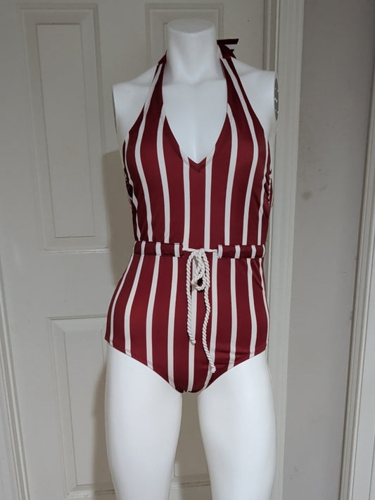 Kona Sol Burgundy and White Striped Halter One-Piece Swimsuit Women's Small