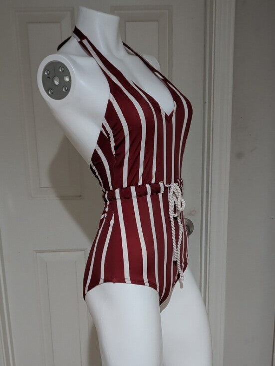 Kona Sol Burgundy and White Striped Halter One-Piece Swimsuit Women's Small