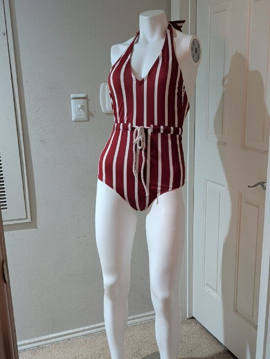 Kona Sol Burgundy and White Striped Halter One-Piece Swimsuit Women's Small