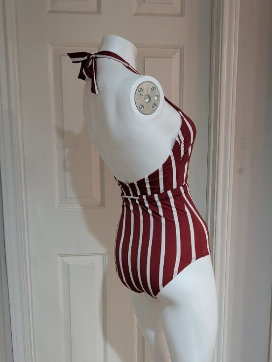Kona Sol Burgundy and White Striped Halter One-Piece Swimsuit Women's Small