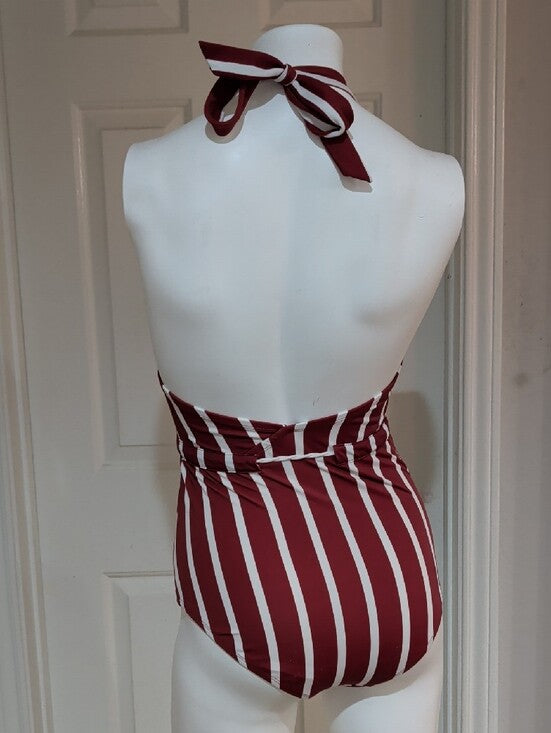 Kona Sol Burgundy and White Striped Halter One-Piece Swimsuit Women's Small