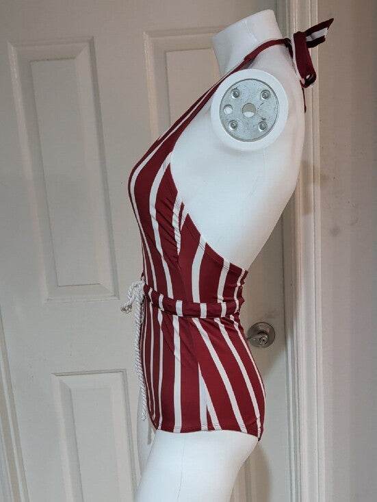 Kona Sol Burgundy and White Striped Halter One-Piece Swimsuit Women's Small