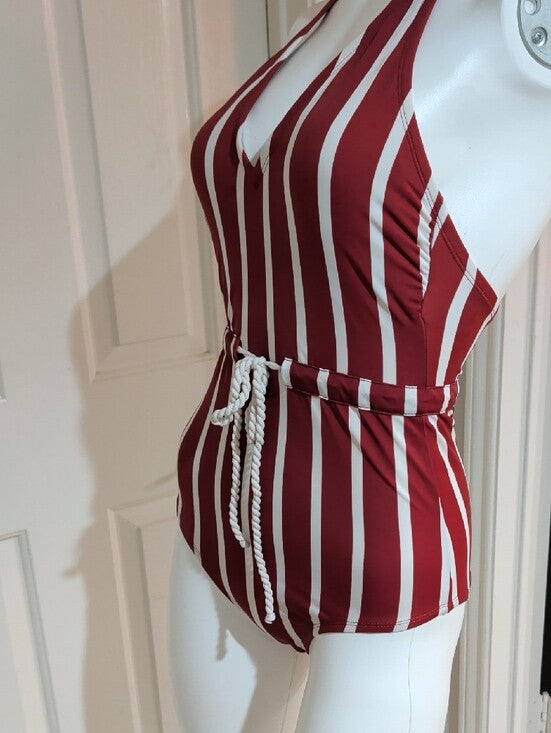 Kona Sol Burgundy and White Striped Halter One-Piece Swimsuit Women's Small