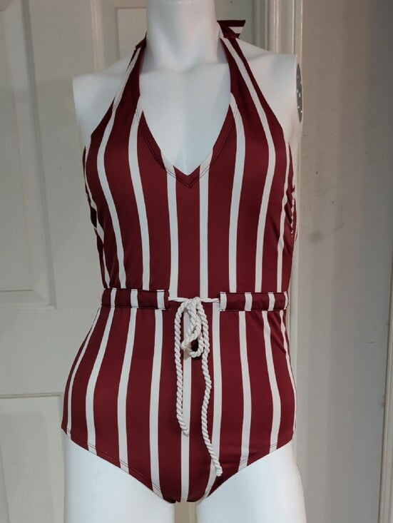 Kona Sol Burgundy and White Striped Halter One-Piece Swimsuit Women's Small