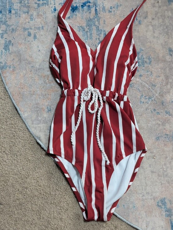 Kona Sol Burgundy and White Striped Halter One-Piece Swimsuit Women's Small