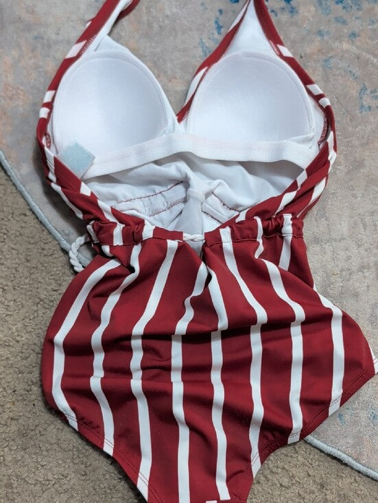 Kona Sol Burgundy and White Striped Halter One-Piece Swimsuit Women's Small