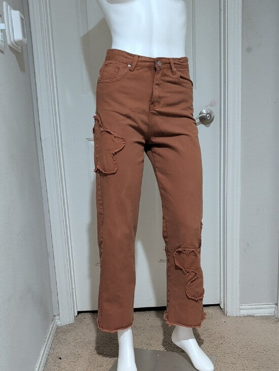 Brown/Orange Bootcut Distressed Hem Jeans- Classic Fit Floral Cut-Out Women's S