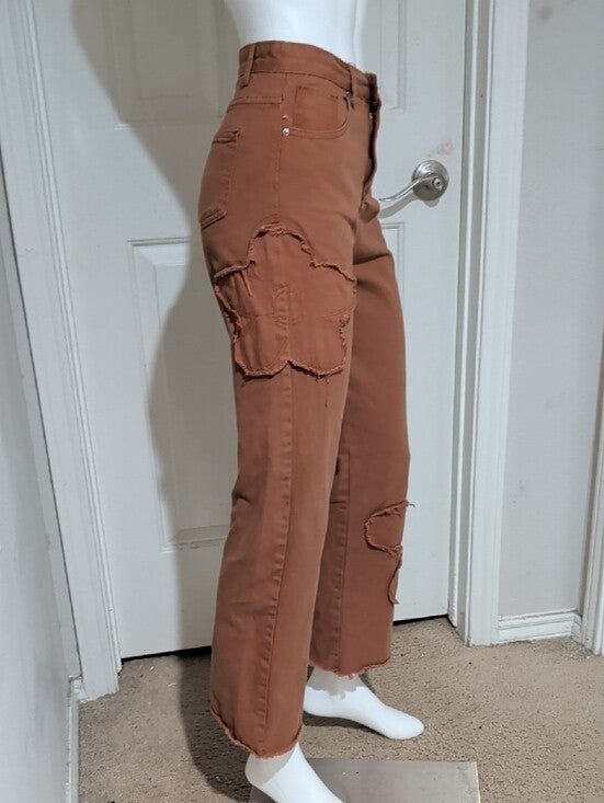 Brown/Orange Bootcut Distressed Hem Jeans- Classic Fit Floral Cut-Out Women's S