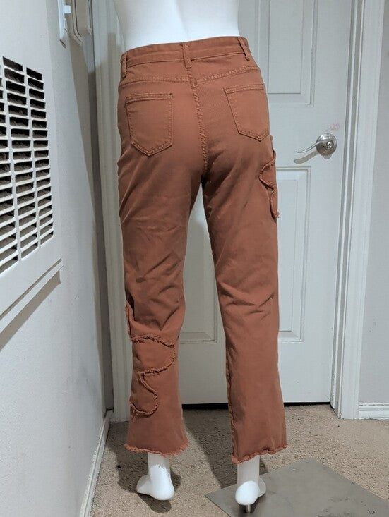 Brown/Orange Bootcut Distressed Hem Jeans- Classic Fit Floral Cut-Out Women's S