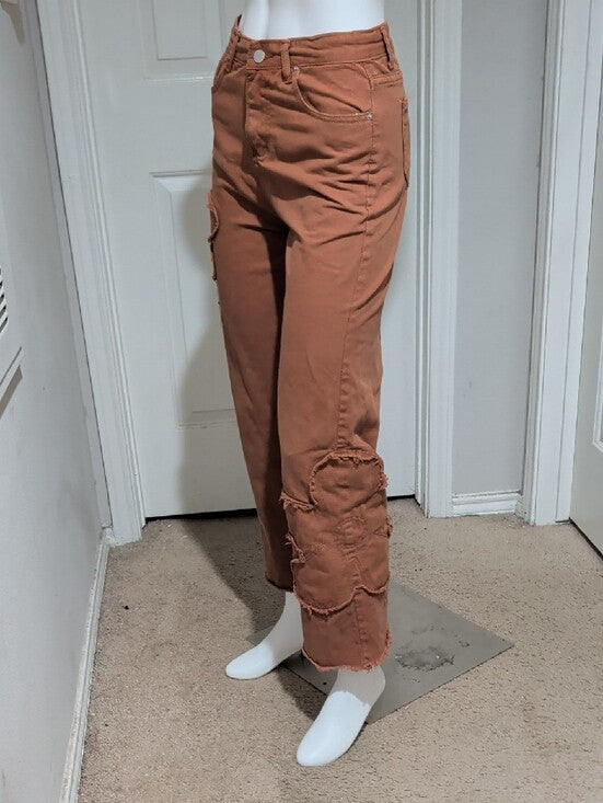Brown/Orange Bootcut Distressed Hem Jeans- Classic Fit Floral Cut-Out Women's S