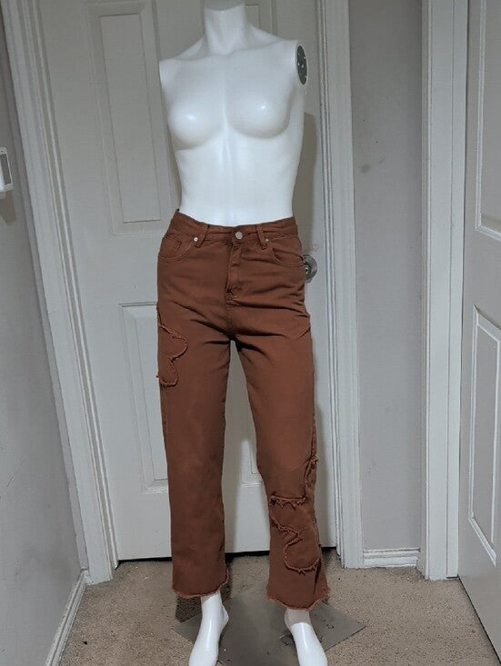 Brown/Orange Bootcut Distressed Hem Jeans- Classic Fit Floral Cut-Out Women's S