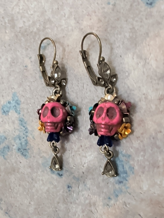 Retro Sweet Romance Skull and Crystal Day of the Dead Teardrop Earrings